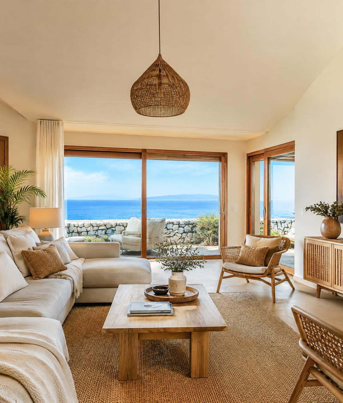 Salón luminoso de una vivienda en Canarias con vistas al mar