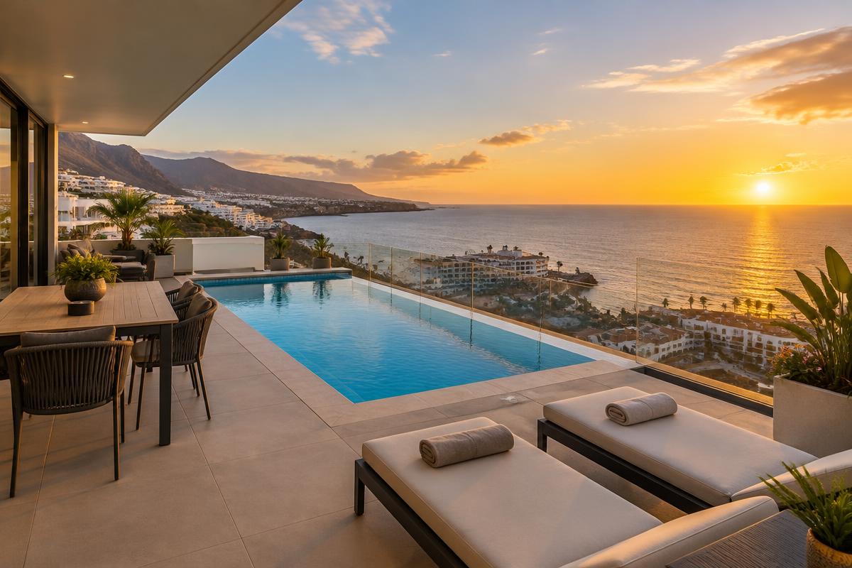 Terraza con piscina y vistas al mar al atardecer en el sur de Tenerife